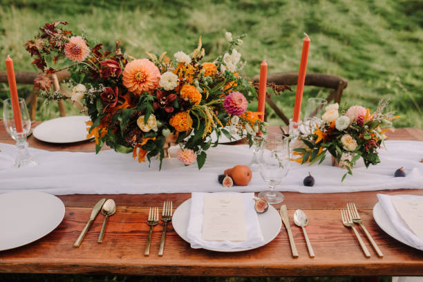 Beautiful outdoor wedding dinner set up